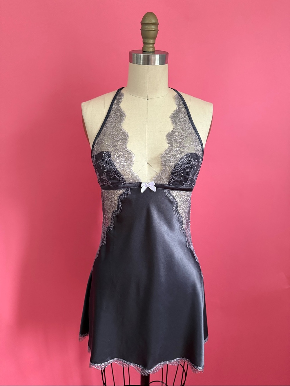 Victoria's Secret Sexy Coquette Floral Lace Satin Grey Backless Halter Mini Slip
